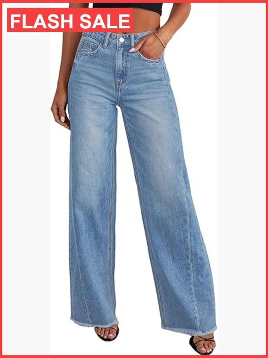 Denim - High Waisted Wide Leg Stretchy Baggy Jeans Raw Hem Palazzo Pants Women